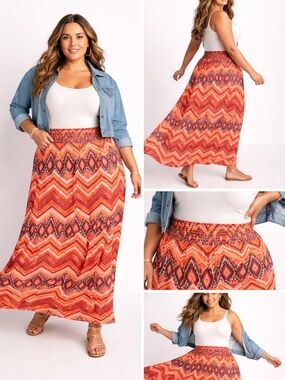 Bobbie Brooks Orange Chevron & Black Pattern Maxi Skirt